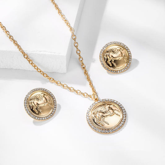 Antique Coin Relief Flying Horse Necklace and Earrings Set