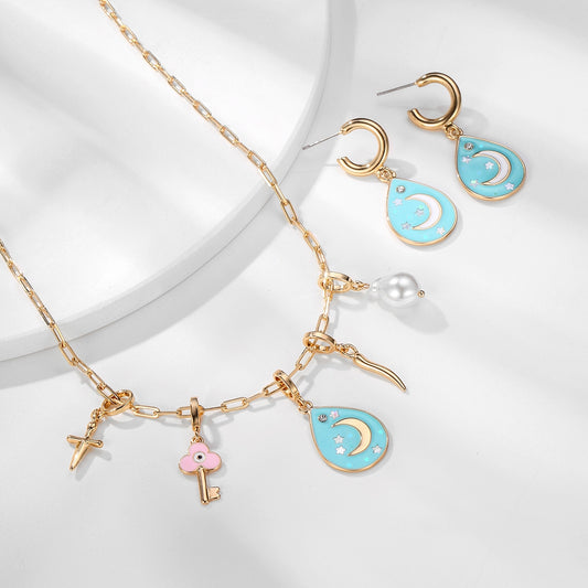 Enamel Star and Moon Sequin Multi-Pendant Jewelry Set