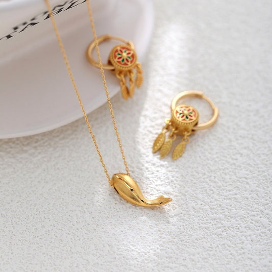 Frosted Gold Lucky Koi Necklace Dreamcatcher Earrings Set