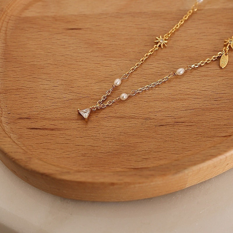 Minimalist Rhinestone and Pearl Star Necklace