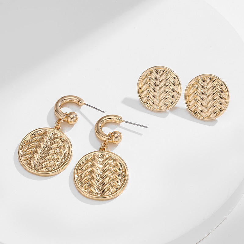 Minimalist Woven Pattern Round Pendant Earrings