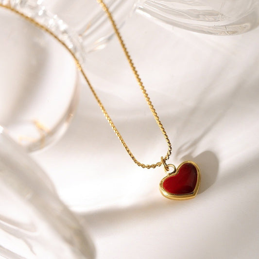 Red Enamel Heart Pendant Titanium Necklace