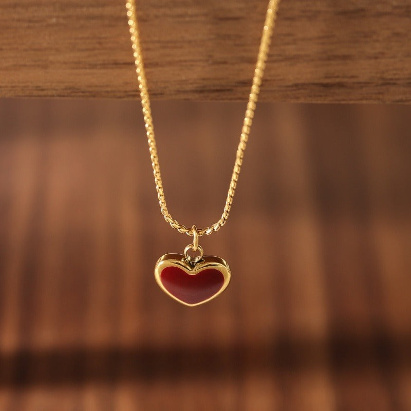 Red Enamel Heart Pendant Titanium Necklace